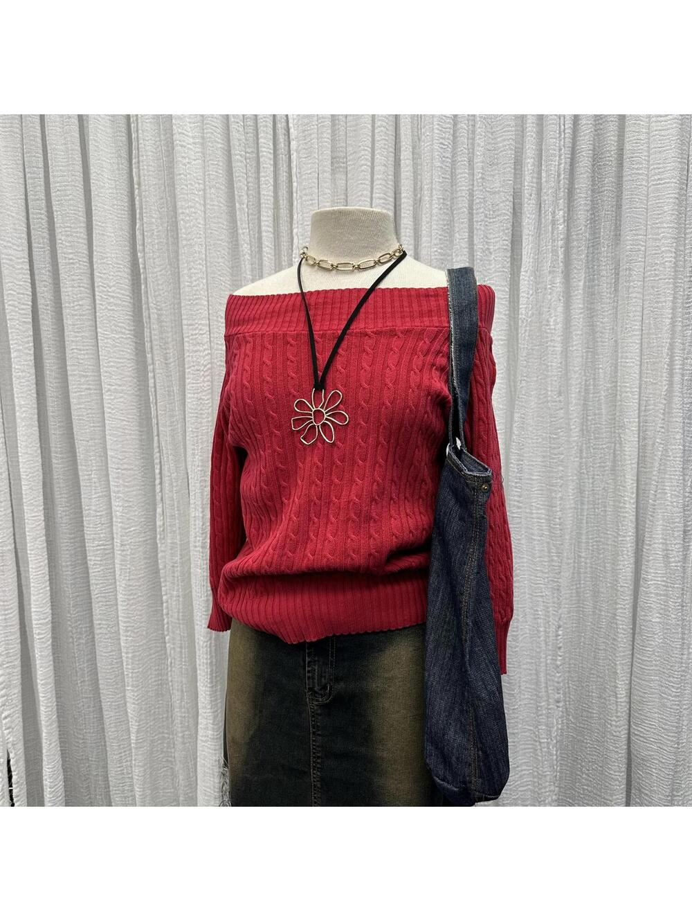 Y2K Preppy Grunge Red Cable Knit Sweater (S)